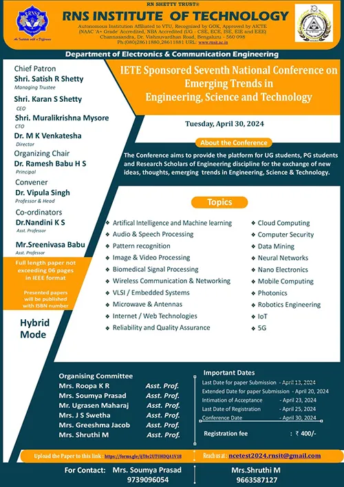 IETE Sponsored Seventh National Conference on Emerging Trends in Engineering, Science and Technology